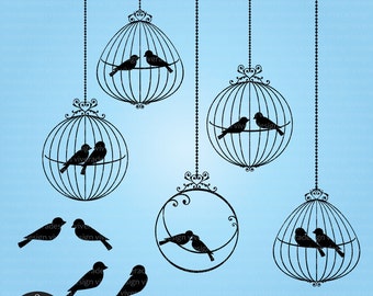 Love Birds in Ornamental Birdcages - Black - Digital Clip Art  - PNG and EPS