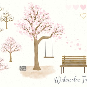Arbre coeur aquarelle | Rose | PNG | Balançoire | Banc en bois | Clipart numérique | Téléchargement instantané