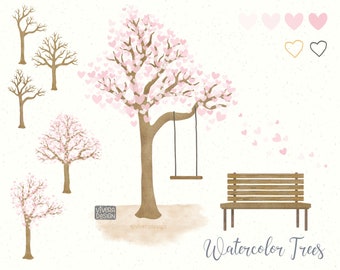 Watercolor Heart Tree | Pink | PNG | Swing | Wooden Bench | Digital Clip Art | Instant Download