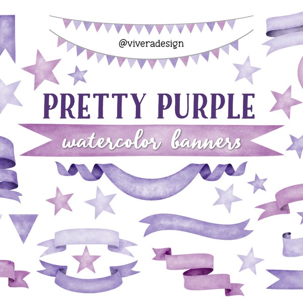 Pretty Purple Watercolor Ribbon Banners Clip Art - Shades of Purple and Lavender - Bunting & Balloons