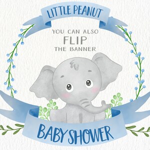 Może przedstawiać: Zaproszenie na baby shower w kolorze niebieskim i białym z akwarelową ilustracją szarego słonia i tekstem "Little Peanut Baby Shower".