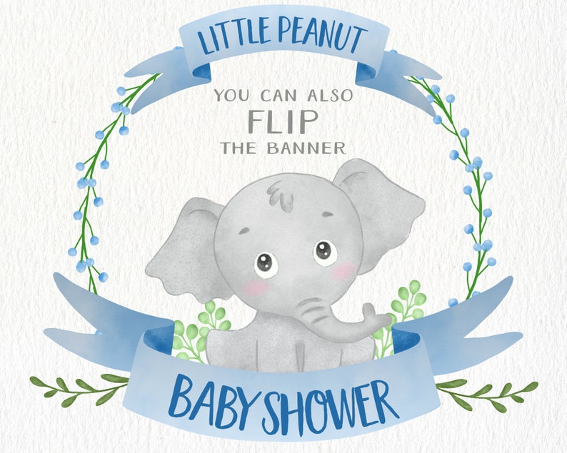 Może przedstawiać: Zaproszenie na baby shower w kolorze niebieskim i białym z akwarelową ilustracją szarego słonia i tekstem "Little Peanut Baby Shower".
