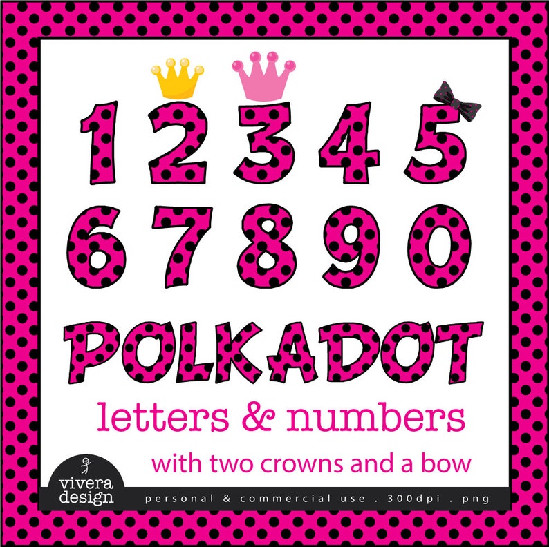 Digital Clip Art Hot Pink Ladybug Letters and Numbers with Red Outine and additional Bow, and Crowns image 1
