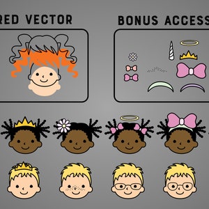 May include: A digital illustration of layered vector graphics for creating customizable cartoon characters. The image shows a variety of hair styles, accessories, and facial features, including a unicorn horn, a crown, glasses, bows, and flowers. The text "LAYERED VECTOR" and "BONUS ACCESSORIES" is included in the image.
