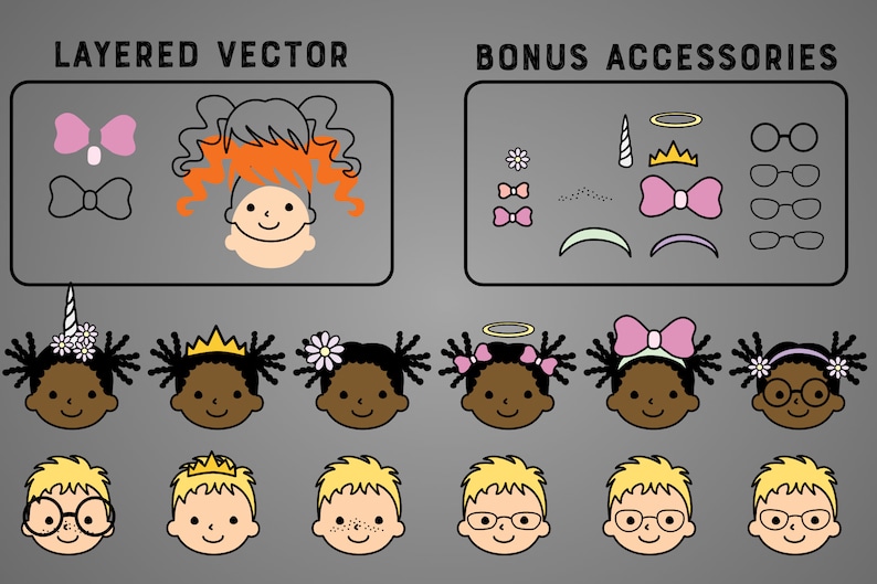 May include: A digital illustration of layered vector graphics for creating customizable cartoon characters. The image shows a variety of hair styles, accessories, and facial features, including a unicorn horn, a crown, glasses, bows, and flowers. The text "LAYERED VECTOR" and "BONUS ACCESSORIES" is included in the image.