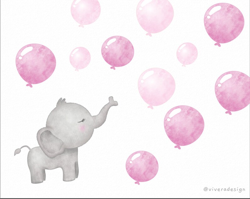 Puede incluir: Un elefante gris con mejillas rosadas est&aacute; de pie sobre un fondo blanco. El elefante est&aacute; sosteniendo su trompa en el aire. Hay globos rosados de acuarela flotando alrededor del elefante.