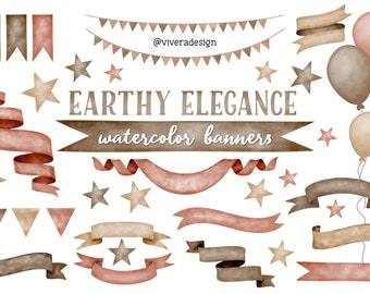 Earthy Elegance Watercolor Banners Ribbons Clip Art - Old Rose Pink, Charcoal, Beige Banners - Bunting & Balloons