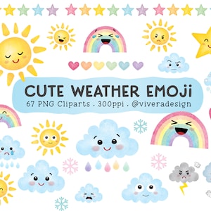 Mignon Météo Emoji Cliparts - Météo Aquarelle Clip Arts - Soleil, Nuages, Arc-en-ciel, et étoiles