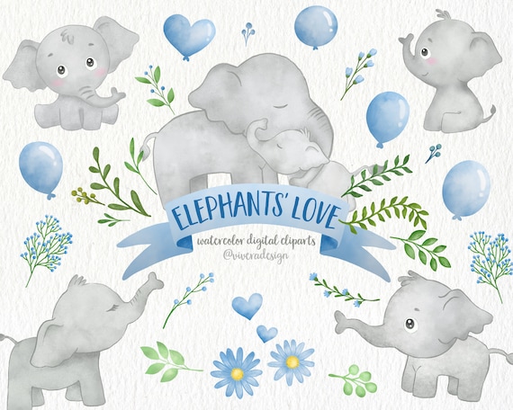 Watercolor Elephant Clip Art: Mother & Baby, Balloons (Digital Download)