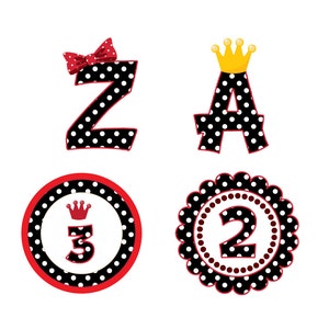 Digital Clip Art White Polka Dot on Black Letters and Numbers with Red Outine and additional Bow, and Crowns image 2