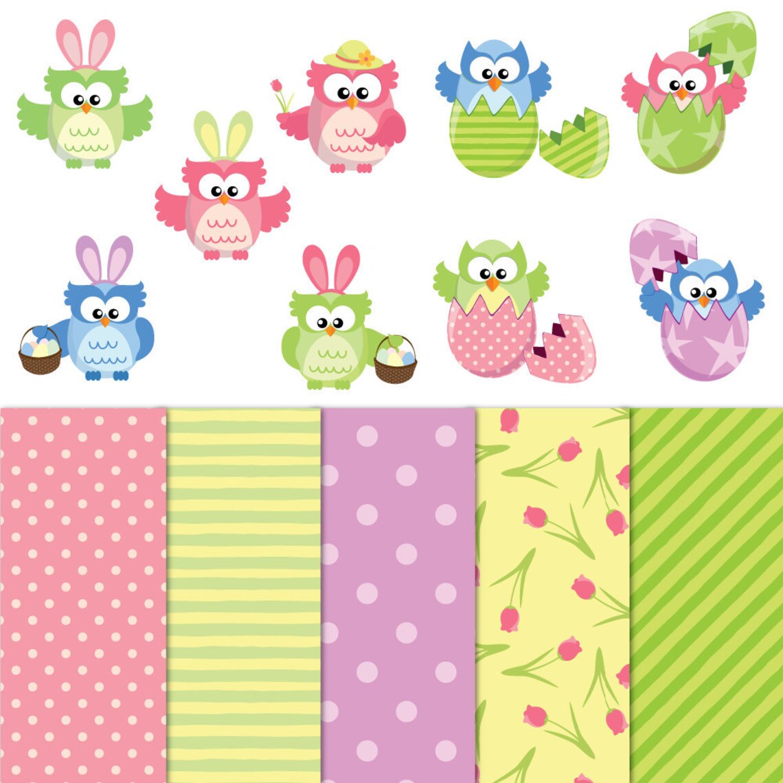 Easter Clip Art - 9 Owls With 5 Patterned Paper - Etsy