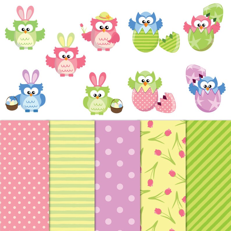 Easter Clip Art 9 Owls with 5 Patterned Paper image 2