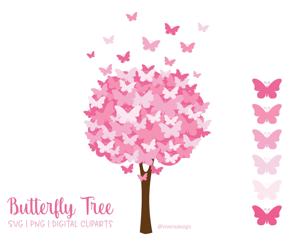 Butterfly Tree Digital Clip Art Pretty Pink PNG SVG Etsy