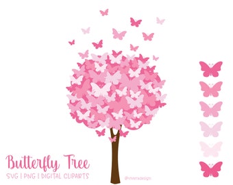 Butterfly Tree Digital Clip Art - Pretty Pink - PNG | SVG