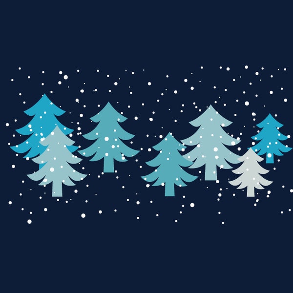 Winter Wonderland - Blue-Green and Pink Christmas Trees with Falling Snow - Digital Clip Art