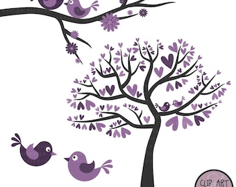 Love Birds in Purple - Digital Clip Art