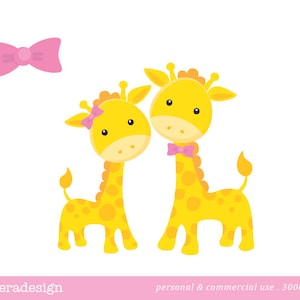 Yellow Giraffe Digital Clip Art with a Pink and a Blue Bow image 4