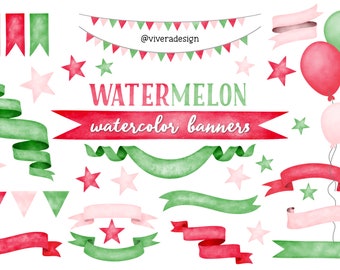 Watermelon Watercolor Ribbon Banners Clip Art - Shades of Pink and Green - Bunting & Balloons