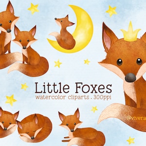 Little Fox Aquarelle Animal Clip Arts - Renards, Lune, Étoiles - Illustrations Aquarelles Numériques - PNG Sublimations