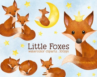 Little Fox Watercolor Animal Clip Arts - Foxes, Moon, Stars - Digital Watercolor Illustrations - PNG Sublimations