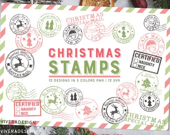 Molduras e cliparts postais de Natal - verde e rosa - selos postais digitais - download instantâneo