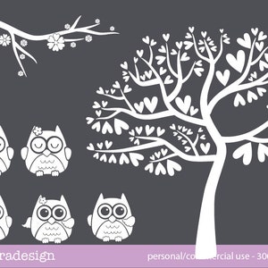 May include: Five white owls with black eyes and beaks, two with flowers on their heads, are arranged in a row. Above them is a white tree with heart-shaped leaves and a branch with white flowers.