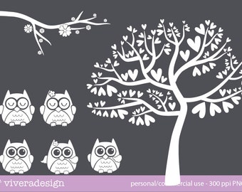 Owl and Tree Silhouette in Solid White Digital Clip Art