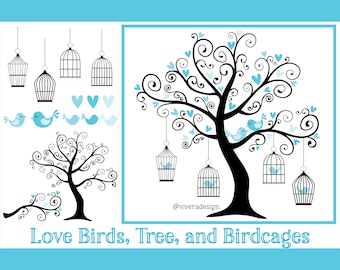Tree SVG | EPS | PNG - Love Birds on a Love Tree with Bird Cages Cliparts - Instant Download