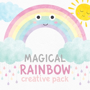 Paquete creativo de arcoíris mágico: imágenes prediseñadas de acuarela del clima: sol, nubes de colores, gotas de agua de lluvia y arcoíris en pasteles coloridos.