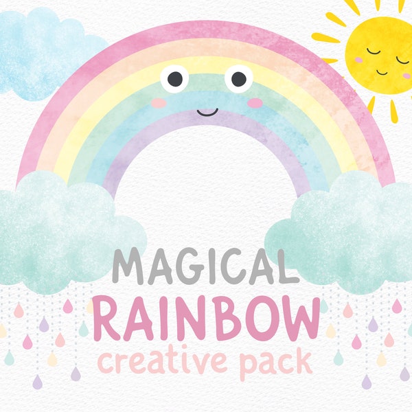 Magische Regenboog Creative Pack - Weer Aquarel Clip Arts - Zon, Kleurrijke Wolken, Regenwaterdruppels, en Regenboog in Kleurrijke Pastels.