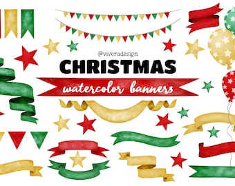 Christmas Watercolor Banners Ribbons Clip Art - Green, Red, and Gold Banners - Bunting & Balloons