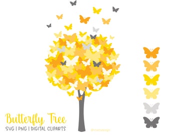 Butterfly Tree Digital Clip Art - Yellow Gray - PNG | SVG