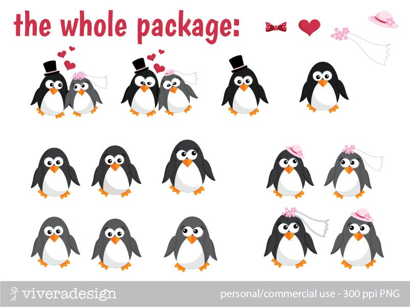 Penguin Bride and Bridegroom Digital Clip Art - With Accessories