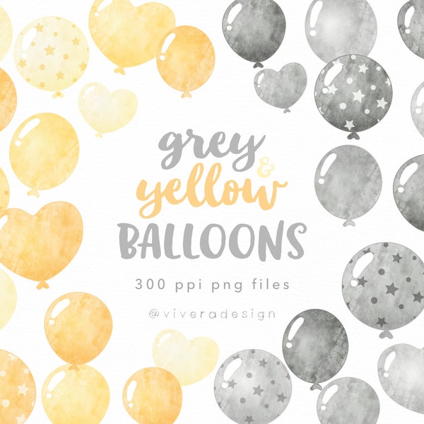 Yellow and Gray Watercolor Balloon Clip Art - Yellow Grey - Decoration Ideas for Parties, Social Media Posts