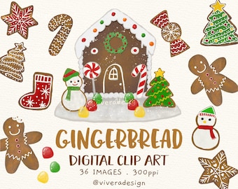 May include: A set of 36 digital gingerbread clip art images. The images include a gingerbread house, gingerbread men, candy canes, a stocking, a star, a bow, a snowman, and a Christmas tree. The images are in a cartoon style and are perfect for use in holiday crafts, scrapbooking, and other creative projects.