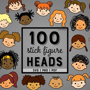 May include: A digital illustration of 100 stick figure heads in various colors and hairstyles. The heads are arranged in a grid pattern and are surrounded by a gray background. The text "100 stick figure HEADS" is written in black with a white outline. The text "SVG | PNG | PDF" is written below the title.