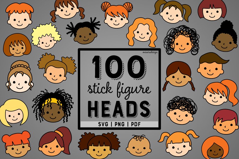 May include: A digital illustration of 100 stick figure heads in various colors and hairstyles. The heads are arranged in a grid pattern and are surrounded by a gray background. The text "100 stick figure HEADS" is written in black with a white outline. The text "SVG | PNG | PDF" is written below the title.