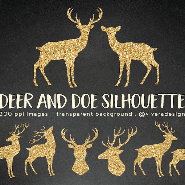 Gold Foil | Gold Sparkle Deer and Doe Silhouette | Deer Head, Antlers, and Deer Doe Silhouette in Real Gold Foil Paper Texture