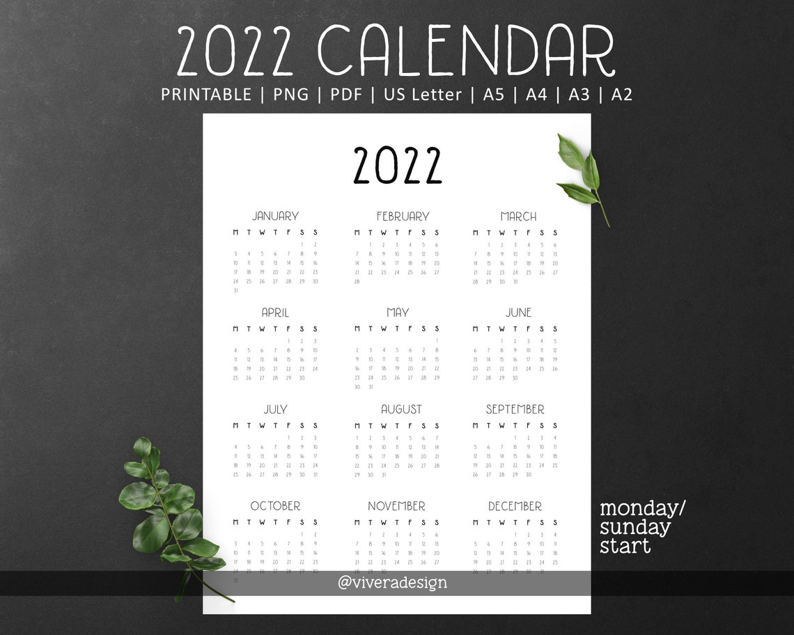printable yearly 2022 calendar png pdf planner insert etsy