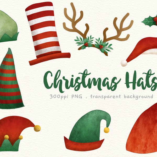 Christmas Hats Clip Art - Head Decoration - Santa Hat - Elves Hats Clipart - Festive Hats - Green and Red - Reindeer Headband Image