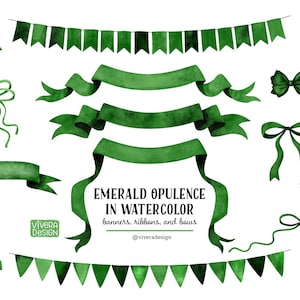 Puede incluir: Ilustraciones en acuarela de pancartas, cintas y lazos de color verde esmeralda. El diseño incluye varias formas de pancartas, lazos decorativos y banderines. También se incluye el texto "EMERALD OPULENCE IN WATERCOLOR".