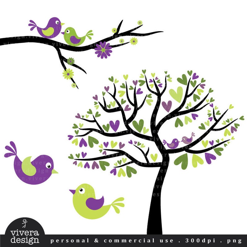 Love Birds in Lime Green, Purple, and Black Digital Clip Art image 1