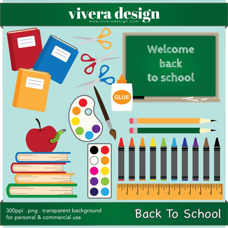 Back to School Digital Clip Art Instant Download Books, Pencils, Art Stuff, Blackboard, Apple image 1