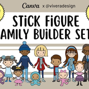 Conjunto de construcción de familias con figuras de palitos con tecnología de Canva: bebés, niños, adolescentes, padres y abuelos: plantilla de Canva