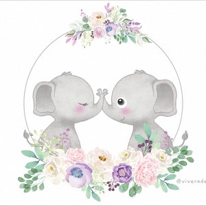 Puede incluir: Dos elefantes beb&eacute;s grises con mejillas rosadas se miran y se tocan las narices. Est&aacute;n rodeados de una corona de flores blancas, rosas y moradas con hojas verdes. La corona tiene forma de c&iacute;rculo. El texto "@viveradesign" est&aacute; en la esquina inferior derecha de la imagen.