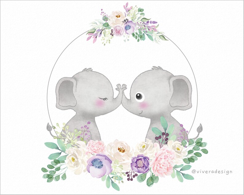 Puede incluir: Dos elefantes beb&eacute;s grises con mejillas rosadas se miran y se tocan las narices. Est&aacute;n rodeados de una corona de flores blancas, rosas y moradas con hojas verdes. La corona tiene forma de c&iacute;rculo. El texto "@viveradesign" est&aacute; en la esquina inferior derecha de la imagen.
