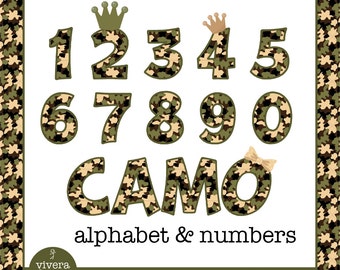 Camouflage Patterned Letters and Numbers Clip Art with additional Cream Bow, Army Green and Brown Crown