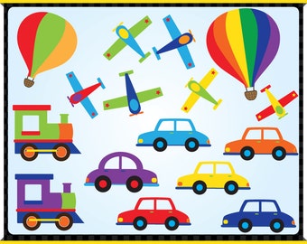 Digital Clip Art - Transportation - Instant Downloads - Hot Air Balloons, Planes, Cars, Trains, and Ship in Solid Colours