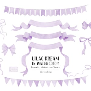 Clip Art de lazos, cintas y banderines de acuarela de color lila: banderines de color morado pastel lavanda