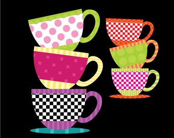 Patterned Teacup Clipart - Teacup Party - 10 Teacup and 10 Saucer